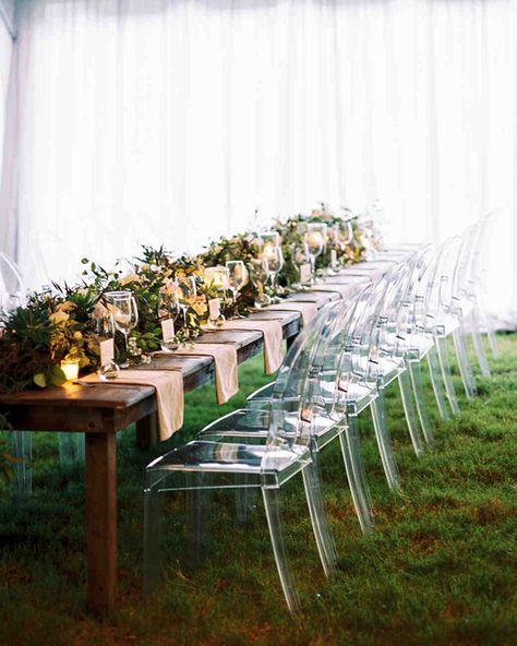 You can never go wrong with ghost chairs. Ghost Chairs Wedding, Draped Tent, White Wedding Centerpieces, Chairs Wedding, Wedding Reception Seating, Garden Reception, Ghost Chairs, Tent Reception, Reception Seating