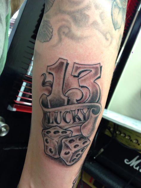 Lucky 13 Lucky 13 Tattoo Design, Good Luck Tattoos For Men, 13 Tattoo Meaning, Lucky 13 Tattoo, 777 Tattoo, Lucky Tattoo, 13 Tattoo, Tattoo Over Scar, Blue Bike