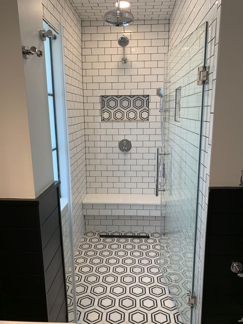 Shower Tile Black And White, Marble Tile Black Grout, Black Hexagon Tile Bathroom Floor Dark Grout, White Subway Tile Shower Black Floor, Black Hex Tile Shower Wall, Black And White Hexagon Tile Shower Wall, White Subway Tile Shower With Black Hexagon Floor, Subway Tile Patterns, Black Grout