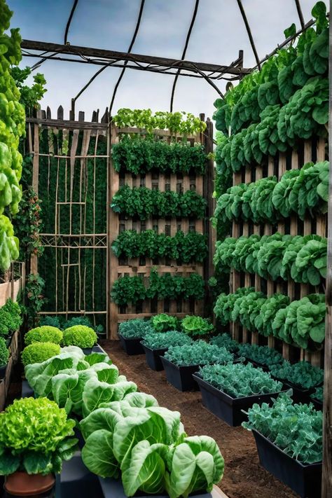 Vegetable garden with trellises and supports Greenhouse Vegetables Ideas, Vegetable Garden Front Of House, Garden Growing Ideas, Vegetable Gardens Ideas Backyard, Courtyard Vegetable Garden, Modern Vegetable Garden, Vegetables Garden Ideas, Dream Vegetable Garden, Grow Vegetables In Pots