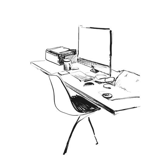 Desktop Computer Table, Computer Sketch, Desk Drawing, Computer Table Design, Business Desk, Modern Workplace, Table Computer, Workspace Desk, White Desk Office