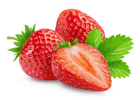 Strawberries isolated. Two ripe strawberries, half a strawberry with green leaves on a white. royalty free stock image Strawberry Stock Photo, Leaf Health, Poster Idea, Leaf Images, White Stock, Green Leaves, Strawberries, Stock Images Free, White Background