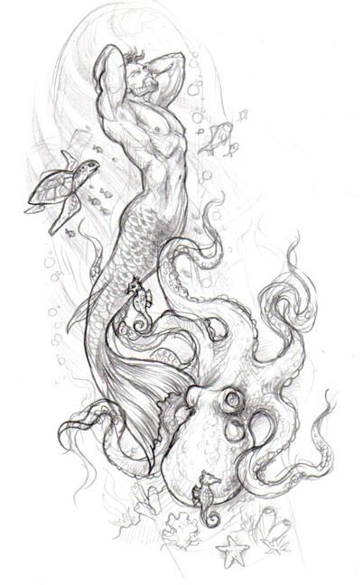 Travel Tattoo Sleeve, Merman Tattoo, Merman Drawing, Gay Merman, Tattoo Sleeve Ideas, Mermaid Tattoo Designs, Octopus Tattoos, Kunst Tattoos, Mermaid Artwork