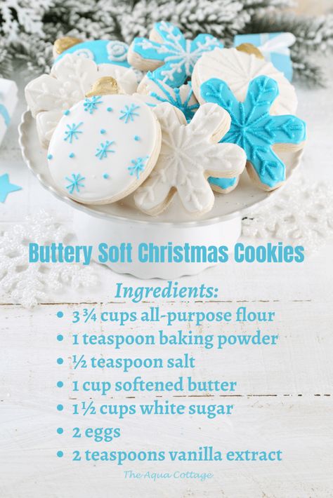 Buttery Soft Sugar Cookies - The Aqua Cottage Soft Christmas Cookies, Butter Sugar Cookies, Cut Out Cookie Recipe, Soft Christmas, Christmas Baking Recipes, Soft Sugar, Soft Sugar Cookies, Christmas Food Desserts, Xmas Cookies