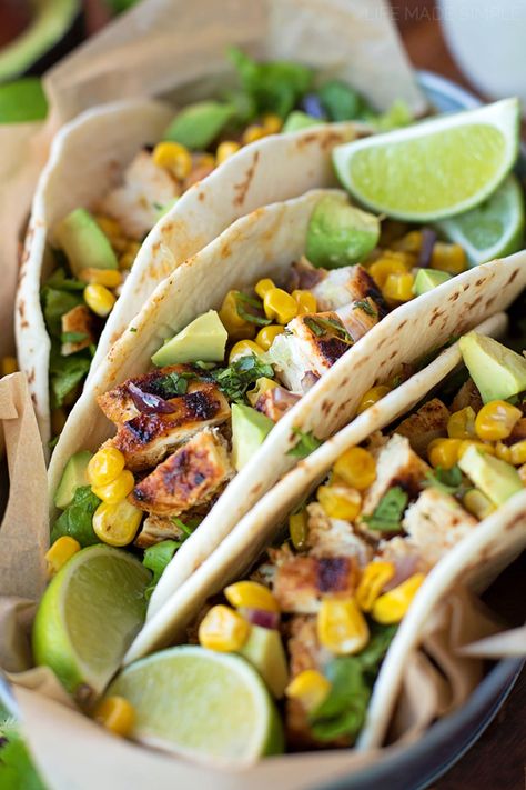 Chili Lime Chicken Tacos Recipe Chili Lime Tacos, Lime Tacos, Chili Lime Chicken Tacos, Lime Chicken Tacos, Life Made Simple, Chili Lime Chicken, Chicken Taco Recipes, Avocado Dressing, Roasted Corn