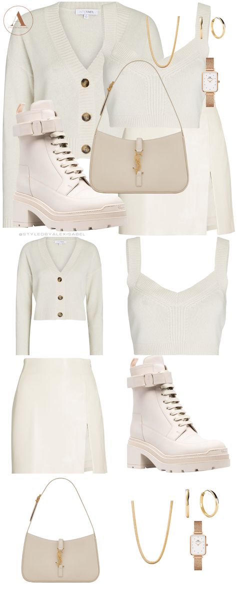 Cardigans and mini skirts for spring. White cardigan, white knit cropped sleeveless top, white mini skirt, white ankle combat boots, white @ysl shoulder bag, gold @mejuri jewelry, and Daniel Wellington watch. #StyledbyAlexIsabel #personalstylist #virtualstylist #fashionstylist #wardrobestylist #imageconsultant #shopthepin White Combat Boots Outfit, Ankle Boots Skirt, Combat Boots White, Skirts For Spring, Cropped Sleeveless Top, Ysl Shoulder Bag, Mejuri Jewelry, Combat Boot Outfit, White Sweater Outfit