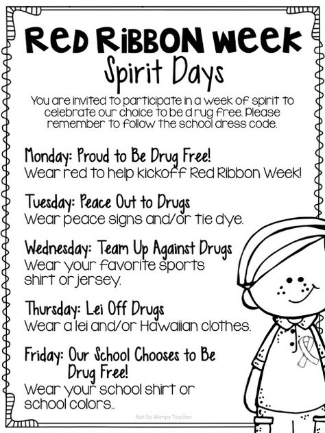 Red Ribbon Week Activities Red Ribbon Week Poster Ideas, Student Council Activities, Spirit Week Themes, School Spirit Week, School Spirit Days, Spirit Days, Pta Ideas, Student Leadership, Red Ribbon Week