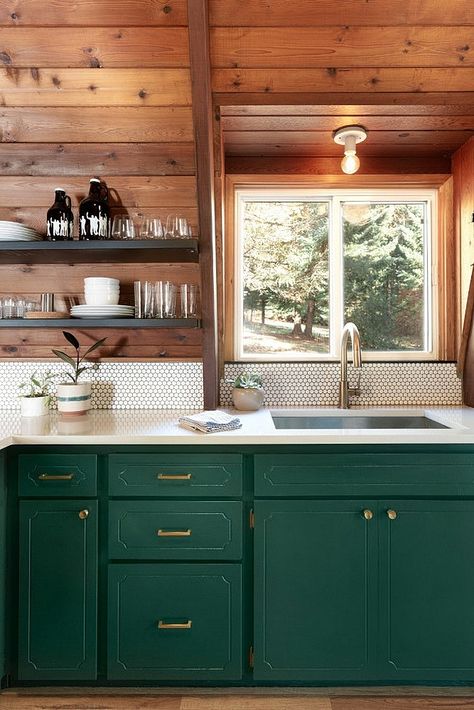 A Scandinavian-Style Cabin Creates a Happy Oregon Retreat Cabin Renovation, Cabin Interior Design, Log Cabin Interior, Cabin Inspiration, River Cabin, Green Kitchen Cabinets, Cabin Kitchens, Cabin Interiors, Cabin Living