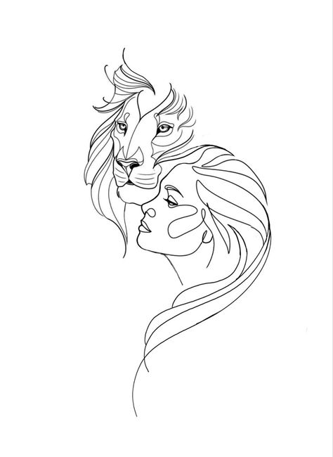 Animation Tattoo Ideas, Lion And Woman Tattoo, Woman Lion Tattoo, Lion And Lioness Drawing, Lion Woman Tattoo, One Line Lion Tattoo, Lion Line Drawing, Lioness Tattoo For Women, Fine Line Hip Tattoo