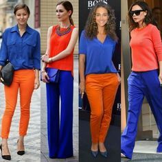 Orange And Royal Blue Outfits, Orange Top Outfit Work, Electric Blue Top Outfit, Electric Blue Shirt Outfit, Bright Blue Pants Outfit, Orange Shirt Outfit, Orange Pants Outfit, Bright Blue Pants, Blue Pants Outfit