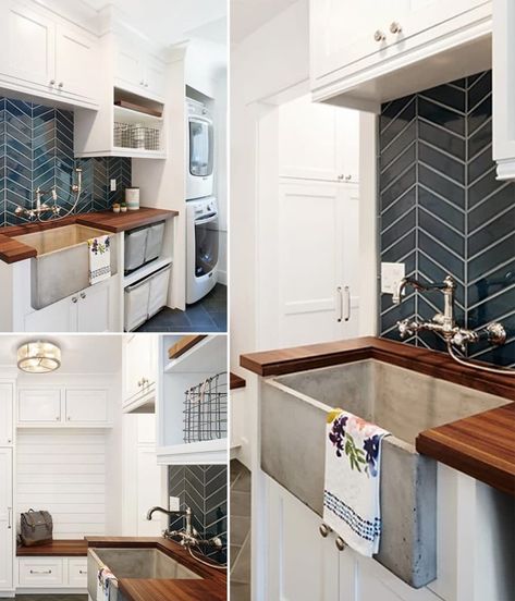 Could This Be the Perfect Laundry Sink? - Native Trails Concrete Farmhouse Sink, Concrete Farmhouse, Modern Farmhouse Laundry, Walnut Butcher Block Countertops, Modern Farmhouse Laundry Room, Diy Wood Countertops, Transitional Laundry Room, Laundry Room Tile, Mudroom Cabinets