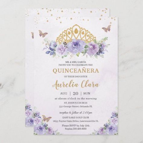 $ 2.92 | Quinceañera Purple Lilac Floral Tiara Butterflies #quinceanera 15th birthday invitation #princess tiara crown #elegant girly quinceanera invite #pretty blooms roses flowers #mexican spanish latina #chic whimsical timeless #mis quince 15 anos template #purple lilac lavender floral #butterflies gold glitter #watercolor Quinceañera Purple, Quincenera Invitations, 15 Invitations, Birthday Invitation Princess, Quince Decor, Invitations Quinceanera, Purple Quince, Quince Invitations, Butterfly Invitations