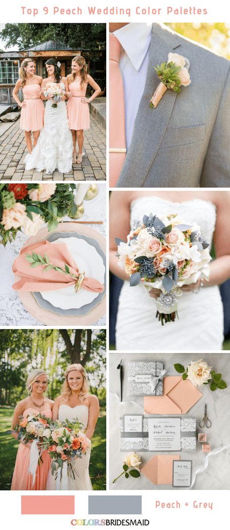 Top 9 Peach Wedding Color Palettes for 2019 - ColorsBridesmaid March Wedding Colors, Bridesmaid Color Scheme, Spring Wedding Bridesmaids, Peach Color Schemes, Peach Wedding Colors, Wedding Color Palette Summer, Spring Wedding Color Palette, Wedding Color Palettes, Wedding Color Combos