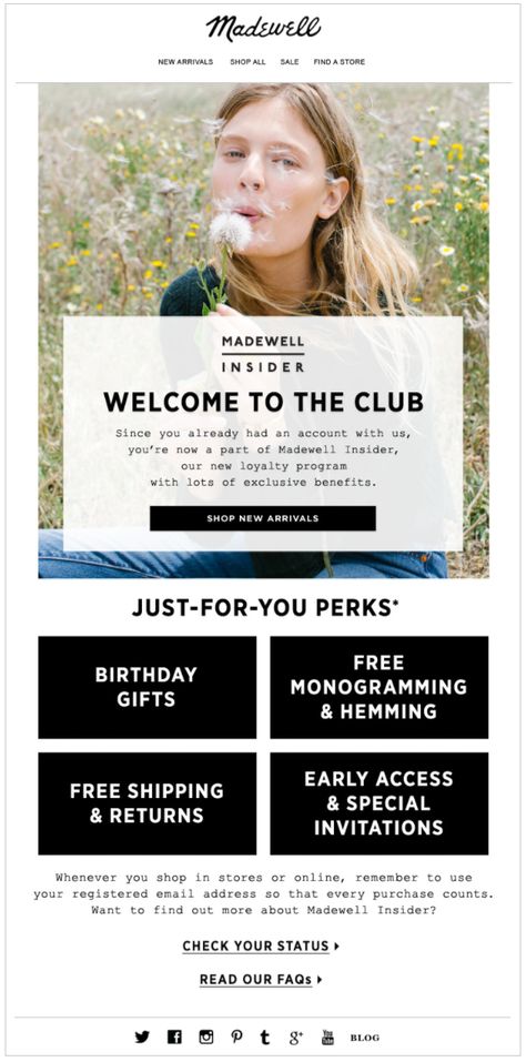 Madewell Membership email. Welcome to the club (!) Loyalty Program Design, Loyalty Marketing, Health Marketing, Email Advertising, Email Layout, Email Marketing Inspiration, Mailer Design, Email Marketing Design Inspiration, Welcome Design