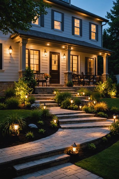 Lighting House Exterior, House Exterior Lighting Ideas, House Exterior Lights, House Exterior Lighting, Front Yard Lighting, Kitchen Pass, Exterior Lighting Design, Front Porch Plants, Front Porch Inspiration