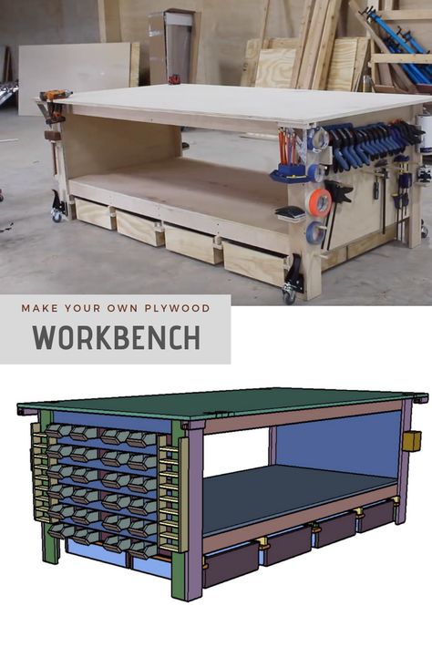 Plywood Workbench, Workbench With Storage, Workbench Organization, Portable Workbench, Workshop Layout, Workbench Plans Diy, Woodworking Bench Plans, Diy Workbench, Garage Work Bench