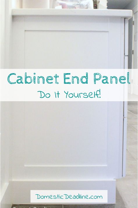 Learn my cost-effective solution to customize kitchen cabinets for my farmhouse fixer upper kitchen, DIY cabinet end panels finish the look www.domesticdeadline.com Cabinet Side Panel Ideas, Diy Upper Kitchen Cabinets, Kitchen Island Panels, Kitchen Cabinets End Panels, Kitchen Cabinets Trim, Cabinet End Panel, Finish Basement, Modern Industrial Home, Farmhouse Fixer