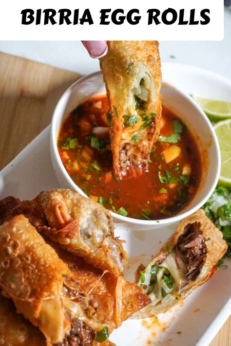 Birria Egg Rolls are crispy fried eggrolls stuffed with beef birria and melty cheese. Serve with birria consome sauce for dipping. Consome Sauce, Taco Egg Rolls, Taco Appetizers, Beef Birria, Baked Asparagus, Egg Roll Recipes, Cheesy Casserole, Melty Cheese, Smoked Food Recipes