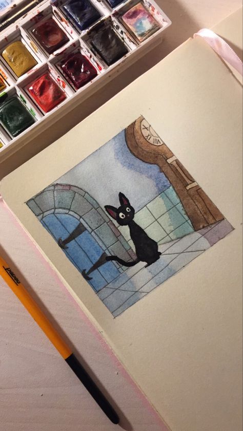 Kiki Delivery Service Painting, Studio Gibhili Paintings, Studio Ghibli Mini Painting, Ghibli Drawing Watercolor, Watercolor Art Studio Ghibli, Watercolour Studio Ghibli, Studio Ghibli Painting Watercolor, Studio Ghibli Gouache Painting, Studio Ghibli Canvas Painting