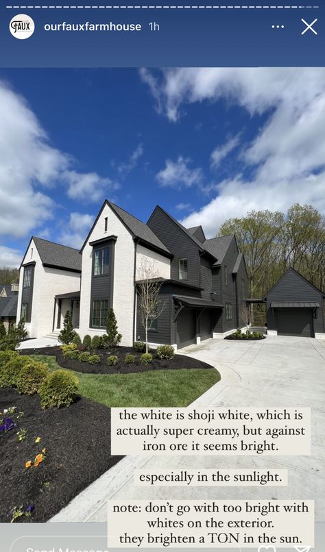 Modern Tudor Paint Exterior, Mansion Exterior Paint Colors, Light House With Dark Accents, Stucco Modern Farmhouse Exterior, Two Tone Painted Brick House Exterior, Painted Brick House Exterior Ideas, White And Black Stucco House, Light Stucco House Exterior, Painted Brick Colors For House Exterior