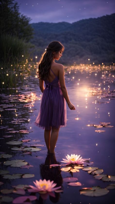 Girl in Purple Dress Among Lily Pads Fairytale Photoshoot, Mystic Girls, Girl In Water, Greek Gods And Goddesses, Magic Realism, Contemporary Portrait, Pretty Drawings, Girl Standing, Mystical Art