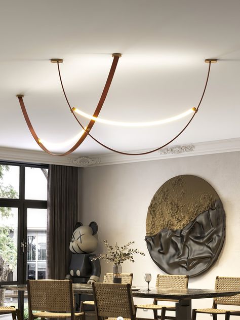 Upgrade your space with the stylish Belt Leather Pendant Light. Crafted with a Silicone lines diffuser, this minimal suspension lamp ensures even lighting throughout your living space. Perfect for modern decor, the Belt provides bright and homogeneous illumination. 
 If you have any questions about our products, please contact us and we will get back to you within 24 hours. 
 For the same series of products, click on the picture to learn more >>> 
 
 Product Size 
 Size: Dia 120cm x H 45cm /  47 Nordic Restaurant, Restaurant Chandelier, Leather Pendant, Black Lampshade, Copper Lamps, Translucent Glass, Belt Leather, Modern Bar, Chandelier In Living Room