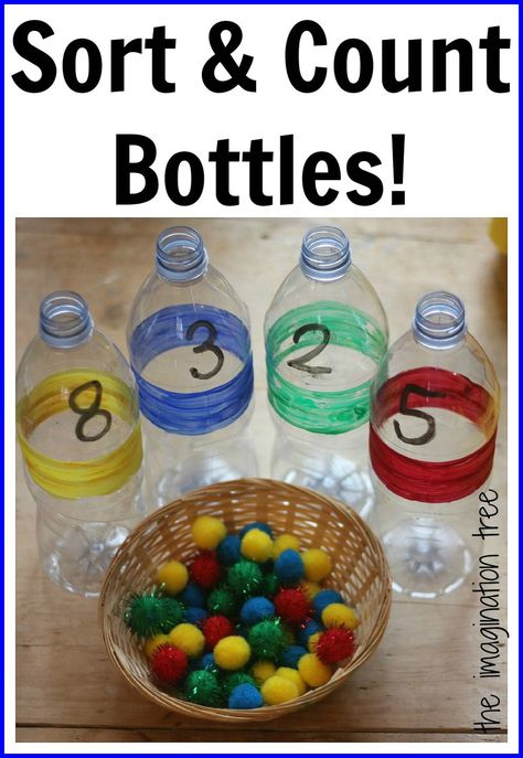 Sorting and counting bottles for maths and fine motor play. Imagination Tree, Prek Math, Fine Motor Activities, Preschool Math, Preschool Classroom, Preschool Fun, Kindergarten Math, Preschool Learning, Fun Math