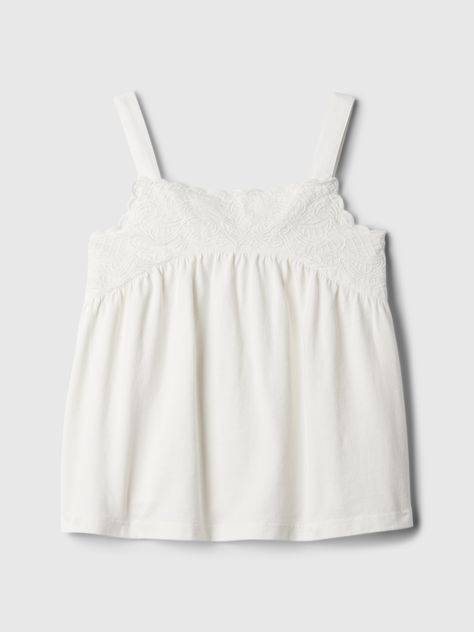 Soft cotton tank top.  Square neck.  Tank straps.  Lace detailing at chest.  Straight, easy fit.  Hits at the hip.  Sizes range from baby to toddler. Cute White Tops Summer, White Tank Top Outfit Summer, Unrealistic Wishlist, Lace Tank Tops, Thrift Wishlist, Tank Top Outfit, Coquette Summer, School Fit, Tank Top Outfits