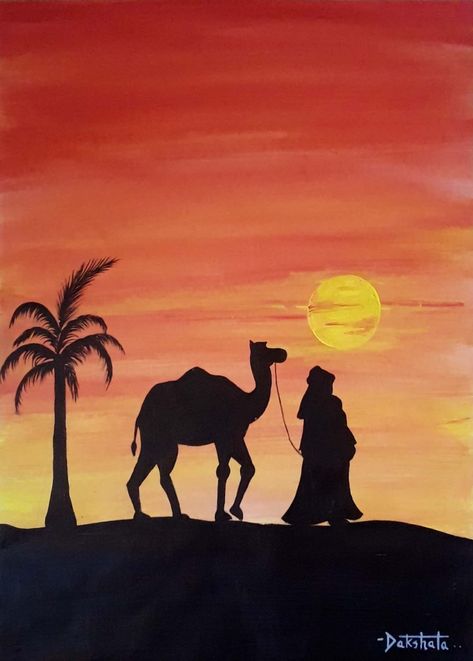 Desert Paintings Easy, Desert Drawing Ideas, Desert Canvas Painting, Sunset Desert Painting, Desert Paintings Acrylic, Desert Painting Ideas, Simple Desert Painting, Earth Art Drawing, Camel Drawing