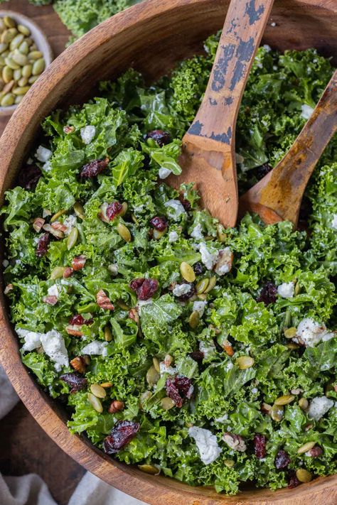 This kale salad with cranberries, pecans, and goat cheese is my go-to for a light side to pair with cozy Fall dishes or for Thanksgiving! Fall Kale Salad Recipes, Simple Kale Salad, Chopped Kale Salad, Easy Peel Eggs, Salad With Cranberries, Vegan Chips, Cordon Bleu Recipe, Tortilla Chip Recipe, Chicken Cordon Bleu Recipe