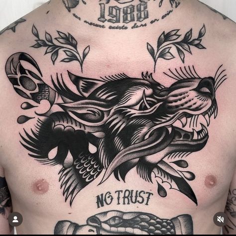 Neo Traditional Back Tattoo, Traditional Buffalo Tattoo, Tattoo Styles Oldschool, Tattoos Heaven, Big Traditional Tattoo, Traditional Deer Tattoo, Traditional Tattoo Torso, Tiger Chest Tattoo, Traditional Animal Tattoo