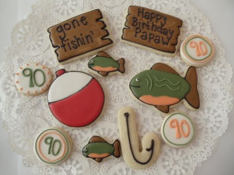 These are a new design - fishing! I originally made these for my grandfather's 80th birthday party and have gotten a few more orders fo... Fishing Cookies, Patriotic Cookies, Cow Cookies, Fish Cookies, Sugar Cookie Royal Icing, Summer Cookies, Fishing Birthday, Creative Cookies, Cookie Inspiration