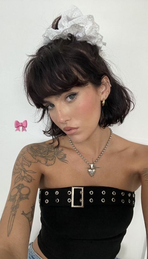 Short Hair And Tattoos, Unique Shoulder Tattoo, Brown Tattoo Ink, Short Shaggy Haircuts, Short Brown Hair, Hair Tattoos, Beauty Goals, Girl Short Hair, Bad Hair