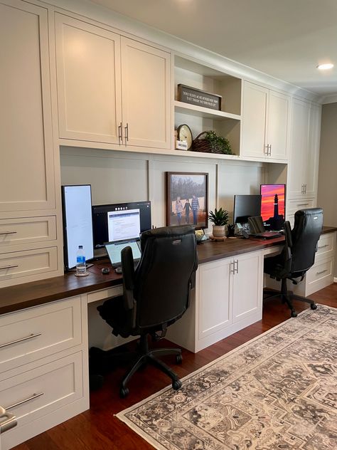 Home Office With 2 Desks Work Spaces, 3 Desk Office, Built In Desk Multiple Monitors, Double Computer Desk Work Stations, Home Office With Kitchen Cabinets, Double Screen Computer Desk Home Office, Double Desk Home Office Built Ins, Built In Corner Double Desk, Long Double Desk Home Office