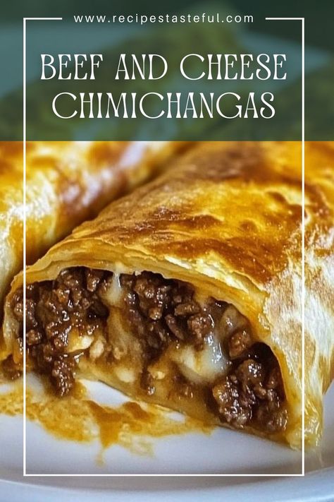 Deliciously crispy Beef and Cheese Chimichangas filled with seasoned ground beef and melted cheese, perfect for a satisfying meal or snack. Serve them with salsa, sour cream, and guacamole for an authentic touch! Authentic Chimichanga Recipe, Beef And Cheese Chimichangas, Chimichanga Beef, Chimichanga Recipe, Seasoned Ground Beef, Crispy Beef, Pita Pockets, Gooey Cheese, Quick Weeknight Meals