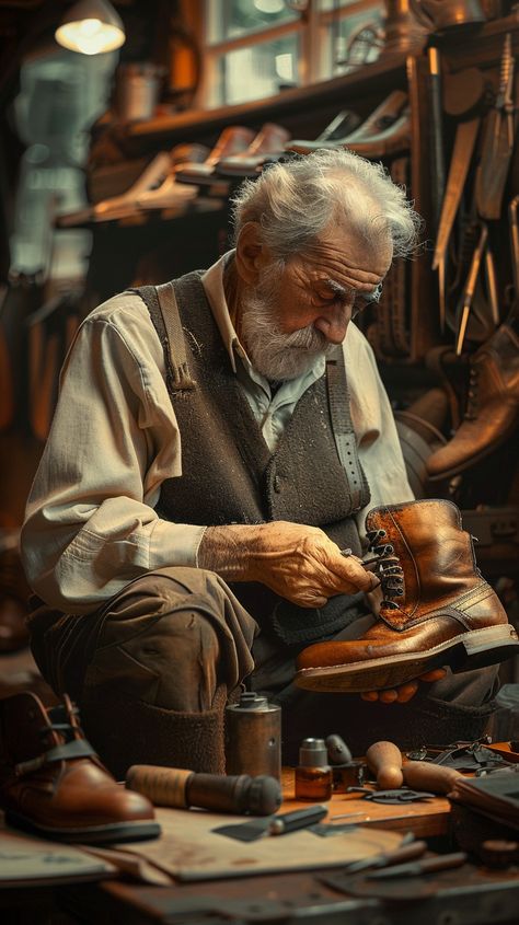 Artisan Crafts Shoes: An elderly artisan cobbler meticulously works on a leather shoe in his traditional, tool-filled workshop. #artisan #craftsmanship #elderly #cobbler #shoes #aiart #aiphoto #stockcake ⬇️ Download and 📝 Prompt 👉 https://ayr.app/l/4b8A Posture Drawing, Shoe Cobbler, Long White Hair, Fine Art Portrait Photography, Dancers Art, Women’s Soccer, Portrait Photography Women, Still Life Photos, Figure Sketching