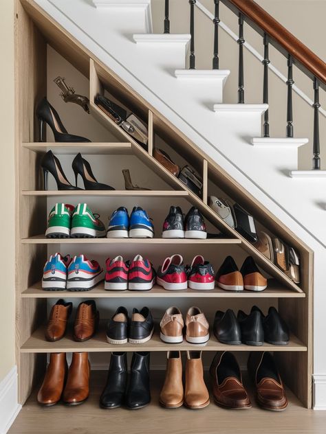 23 Under Stairs Storage Ideas – The DIY Desire Under Stairs Landing Storage, Shoe Rack Stairs, Shoe Rack Under Staircase, Coat Storage Under Stairs, Under Stairs Pull Out Storage, Shoe Rack Under Stairs, Under Stairs Shoe Storage, Under Basement Stairs, Shoe Storage Under Stairs