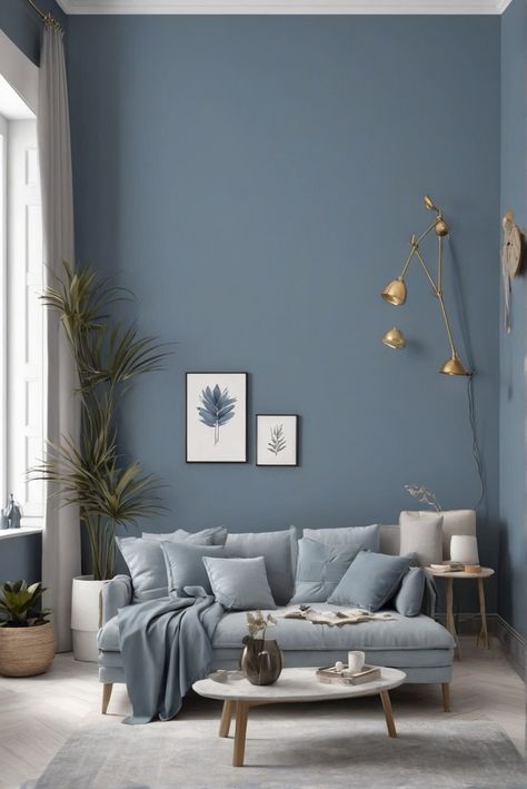 1. Warm blue-gray paints
2. 2024's cozy palette
3. Cozy home decor
4. Blue-gray paint inspiration Blue Wall Inspiration, Paint Ideas In Living Room Wall Colors, Blue In Interior Design, Room Painting Ideas Living Room, Neutral Blue Living Room Paint, Blue Gray Office Walls, Denim Blue Wall Paint, Gray Living Room Ideas Paint Colors, Wall Colour Inspiration