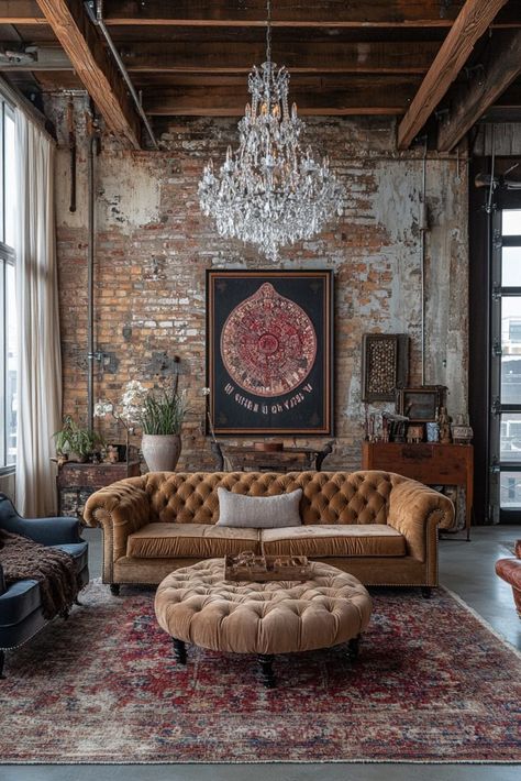 29 Industrial Farmhouse Living Room Ideas for a Unique Touch 15 Industrial Shabby Chic, Industrial French Country, Industrial Style Home Decor, Rustic Living Rooms Ideas, Industrial Hygge, Industrial Farmhouse Interior Design, Industrial Cottagecore, Mountain Home Kitchens, Warm Industrial Living Room