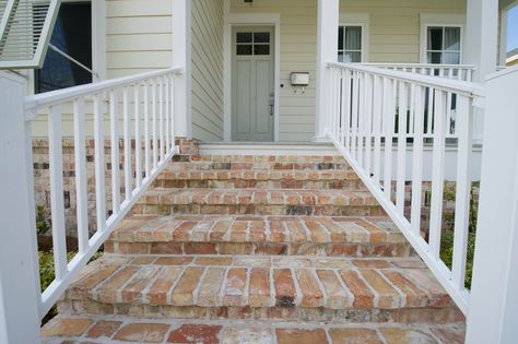 Reclaimed antique brick steps Brick Front Steps, Shutters Design, Four Gables Farmhouse, Four Gables, Brick Stairs, Modern Farmhouse Floorplan, Front Door Steps, Front Porch Steps, Staircase Outdoor