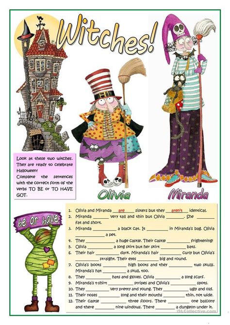 WITCHES - BE AND HAVE worksheet - Free ESL printable worksheets made by teachers Spooky Pictures, Halloween Worksheets, Halloween Classroom, English Activities, English Reading, Grammar And Vocabulary, Esl Teaching, Language Teaching, Halloween School