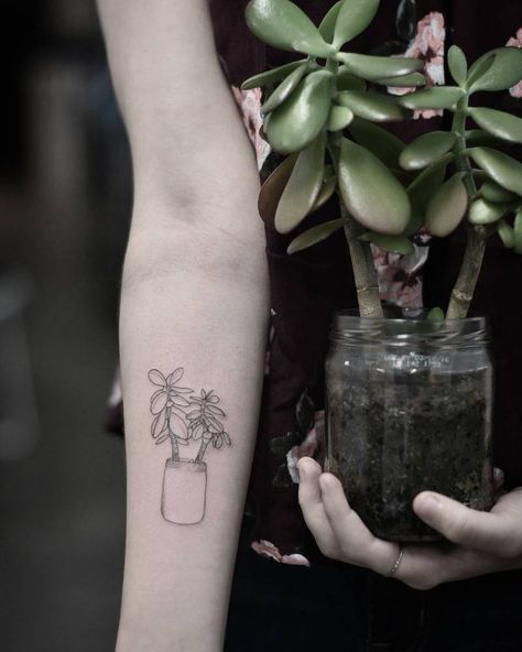 Jade plant tattoo on the inner forearm. Jade Tattoo Plant, Jade Plant Tattoo Ideas, Indoor Plant Tattoo Sleeve, Jade Flower Tattoo, Wrist Plant Tattoo, Jade Tattoo Ideas, Zz Plant Tattoo, Jade Plant Tattoo, Cornwall Tattoo