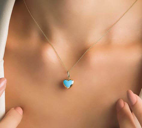 Puffed Heart Necklace, Star Wedding Band, Turquoise Heart Necklace, Turquoise Heart, Puffed Heart, Necklace Turquoise, Necklace Heart, 14k Gold Necklace, Band Jewelry