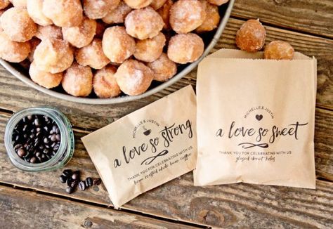 Wedding Favors That Are Useful? | Emmaline Bride Brunch Party Favors, Doughnut Bar, Donut And Coffee, Coffee Pairing, Coffee Favors, Doughnut Holes, Engagement Party Favors, Doggie Treats, Hot Chocolate Marshmallows