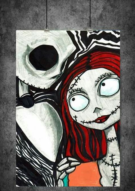 Night Mare Before Christmas Paintings, Tim Burton Painting Ideas, Jack And Sally Painting, Tim Burton Painting, Tim Burton Dibujos, Jack And Sally Drawing, Jack And Sally Art, Jack Skellington Painting, Sally Painting