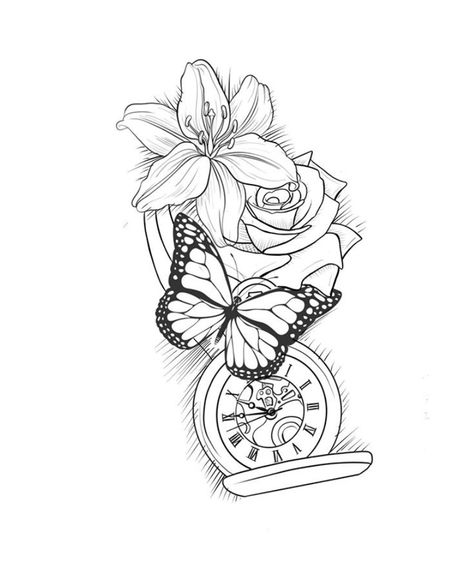 Clock And Butterfly Tattoo Design, Baddie Tattoo Ideas Female Stencil, Tattoo Outlines For Women, Sleeve Tattoos For Women Stencil, Tattoo Designs Meaningful, Tattoos Spiritual, Mutterschaft Tattoos, Popular Tattoo Designs, Chest Tattoo Stencils