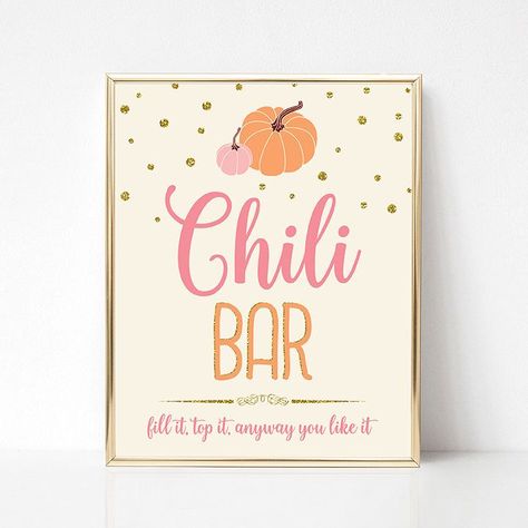 Pumpkin Chili Bar Sign, Pumpkin Pink Gold Sign, Pumpkin Birthday Sign, Pumpkin Baby Shower Sign, Printable, INSTANT DOWNLOAD by TangerinePaperShoppe on Etsy https://www.etsy.com/listing/553546356/pumpkin-chili-bar-sign-pumpkin-pink-gold Hot Chocolate Sign, Fall 1st Birthdays, Chili Bar, Pumpkin Birthday Parties, Pumpkin 1st Birthdays, Pumpkin First Birthday, Pumpkin Chili, Pumpkin Birthday