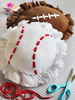 Sporty Pillows: Give the sports fan in your life reason to cheer with a pair of soft pillows that'll make watching the game even more enjoyable. No Sew, Softball, That Look, Pillows, Sewing, Fabric