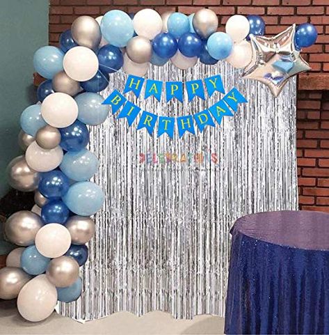 Boys Birthday Decorations At Home, Blue Birthday Set Up, White And Blue Birthday Decoration, Happy Birthday Set Up, Diy Birthday Decorations For Boys, Bday Party Decorations At Home, Home Made Birthday Decorations, Blue And White Birthday Decorations, Baby Blue Birthday Party Decorations