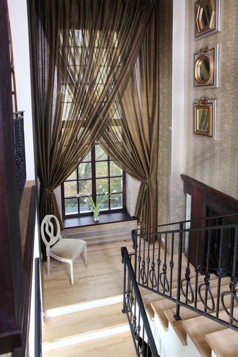 Curtains For Stairs Windows, Staircase Curtains, Staircase Window Curtains, Stairs Curtain, Long Window Curtains, Moroccan Curtains, Luxury Curtains Living Room, Staircase Window, Beautiful Bedroom Inspiration